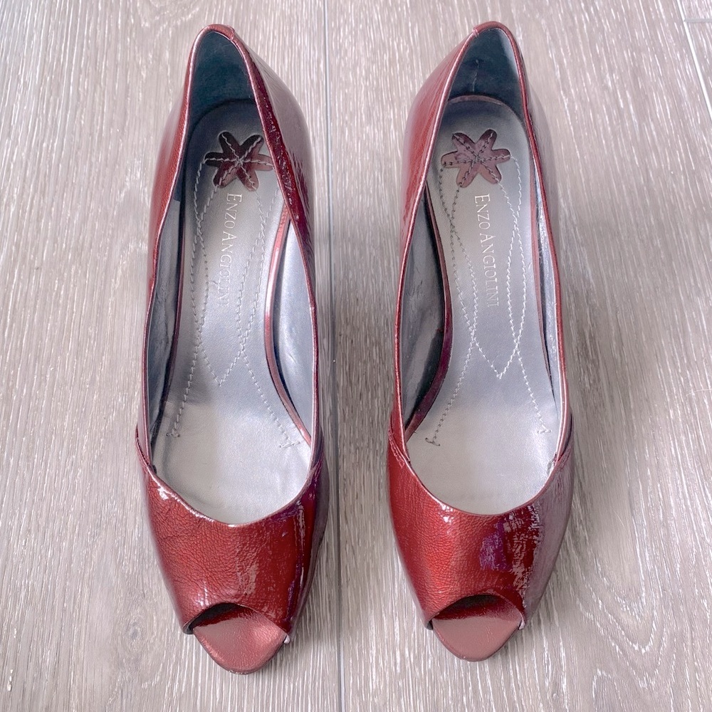 Enzo Angiolini Peep-Toe Pumps Shoes Red Wine Patent Leather Burgundy Size 9
